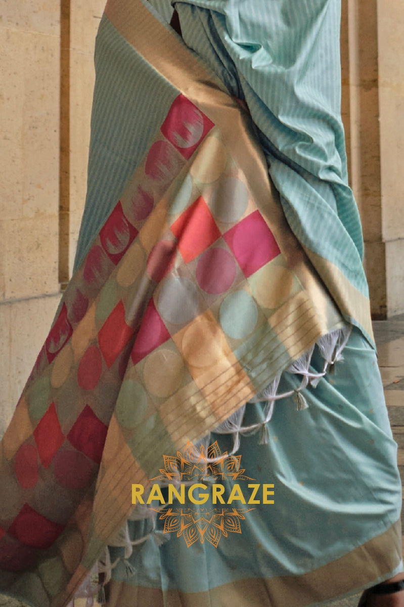 Azure Blue Soft Silk Handloom Weaving Banarasi Saree