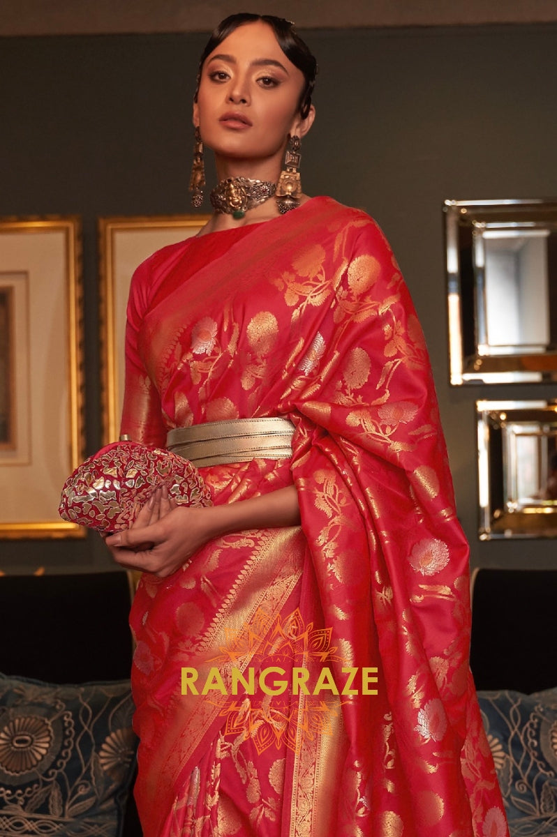 Crimson Red Zari Work Handloom Banarasi Silk Saree
