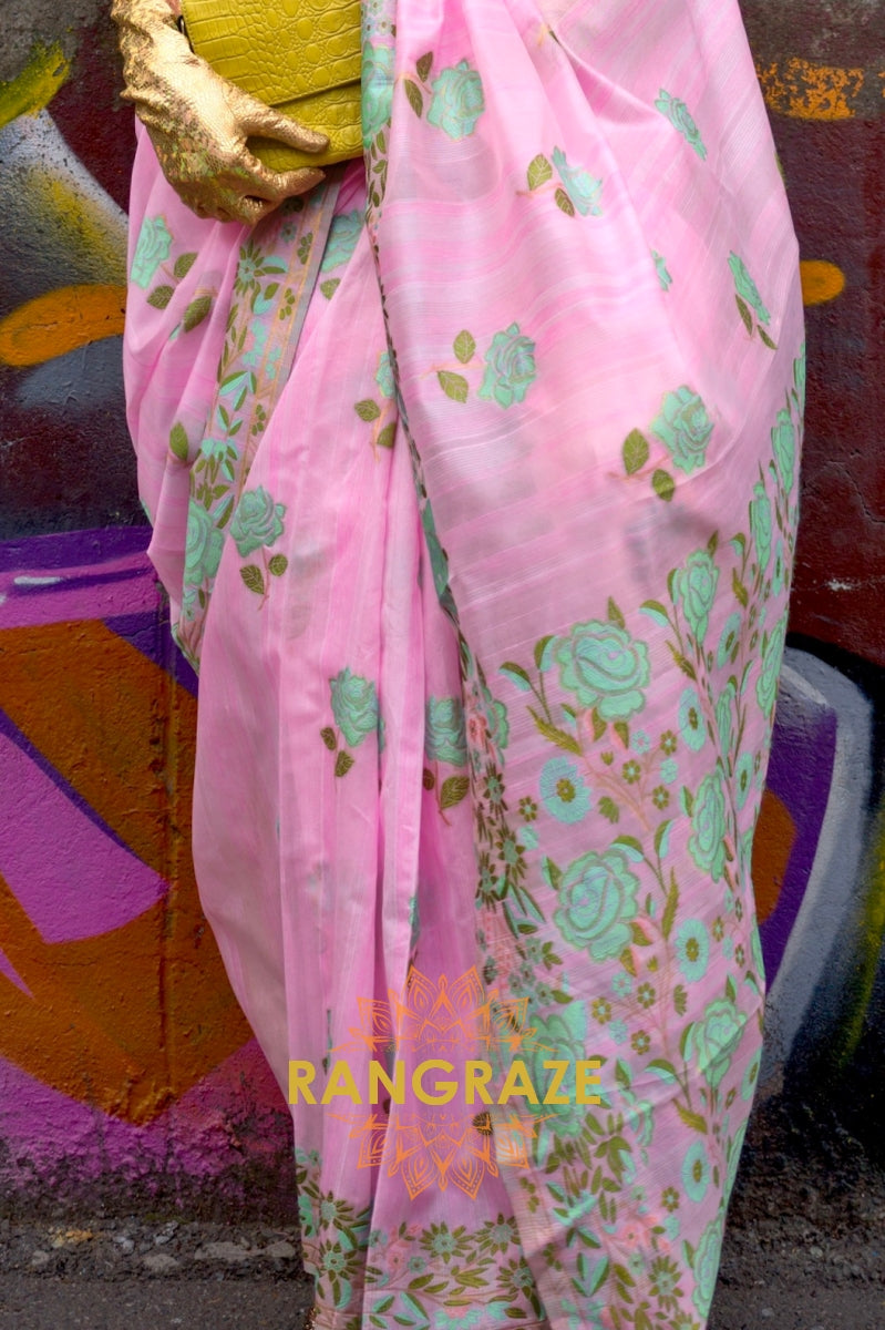 Floral Pink Parsi Weaved Cotton Silk Saree