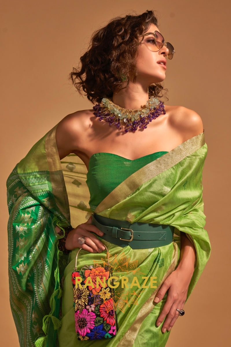 Prism Lime Green Woven Banarasi Silk Saree