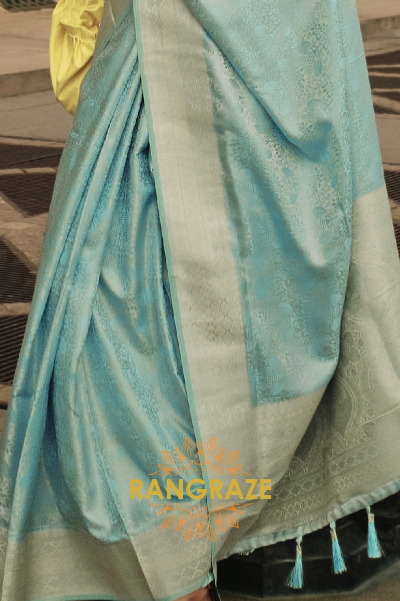 Royal Turquoise Blue Pure Satin Handloom Weaving Silk Banarasi Saree