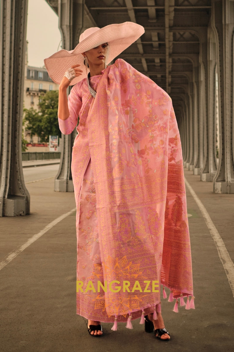 Rajwada Peachy Pink Kashmiri Organza Handloom Weaving