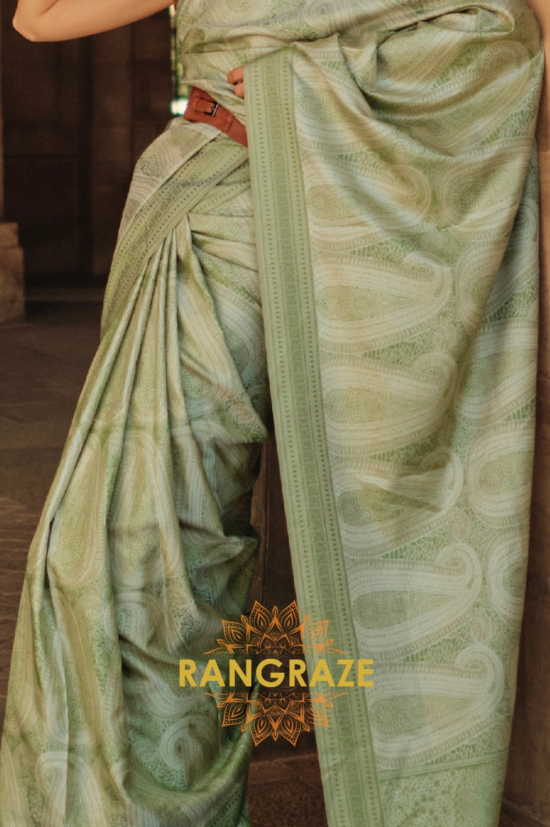 Parrot Green Pure Satin Handloom Weaving Banarasi Silk Saree
