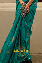 Azure Blue Pure Satin Zari Lining Handloom Weaving Banarasi Saree