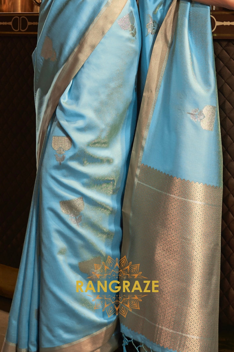 Antique Sky Blue Woven Banarasi Saree With Brocade Blouse