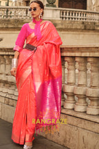 Orange Pink Woven Banarasi Soft Silk Saree