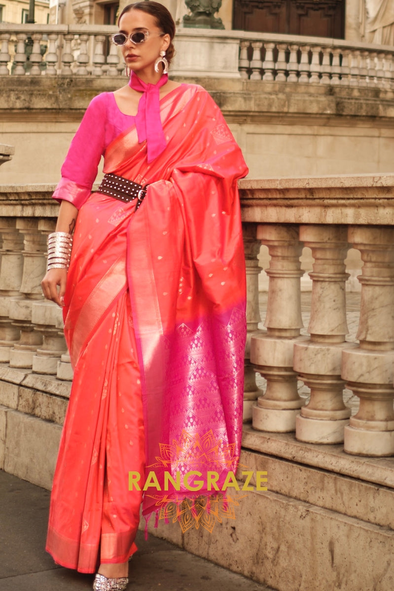 Orange Pink Woven Banarasi Soft Silk Saree