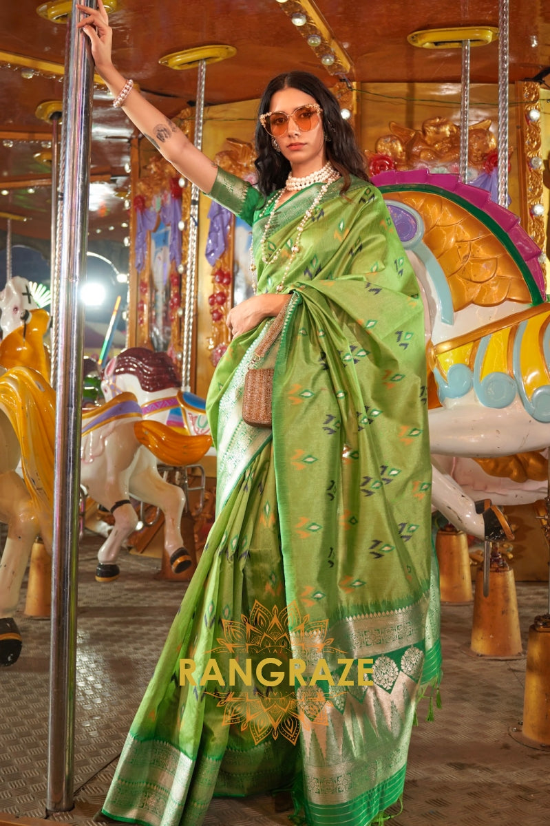 Parrot Green Woven Banarasi Soft Silk Saree