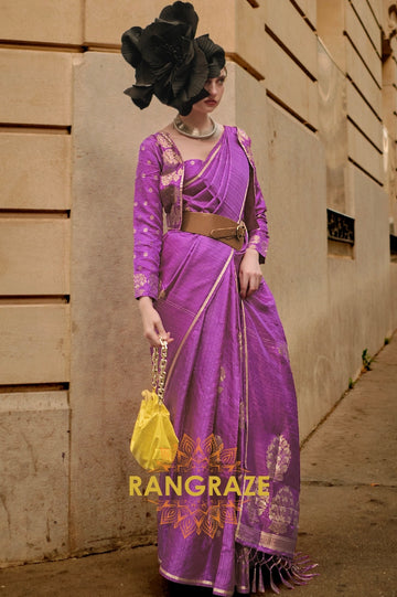 Deep Purple Pure Satin Zari Lining Handloom Weaving Banarasi Saree