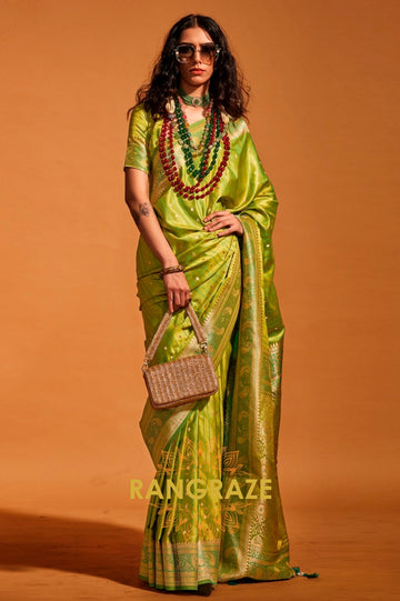 Regal Lime Green Dual Tone Banarasi Satin Silk Saree