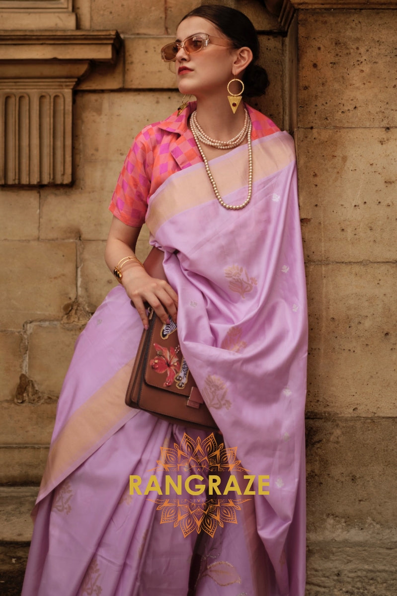 Lavender Lilac Soft Silk Handloom Weaving Banarasi Saree