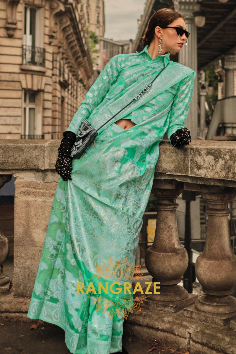 Turquoise Green Woven Lucknowi Organza Silk Saree