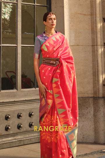 Blush Red Woven Banarasi Khaddi Silk Saree