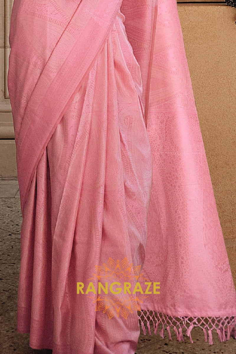 Rose Pink Pure Satin Handloom Weaving Banarasi Silk Saree