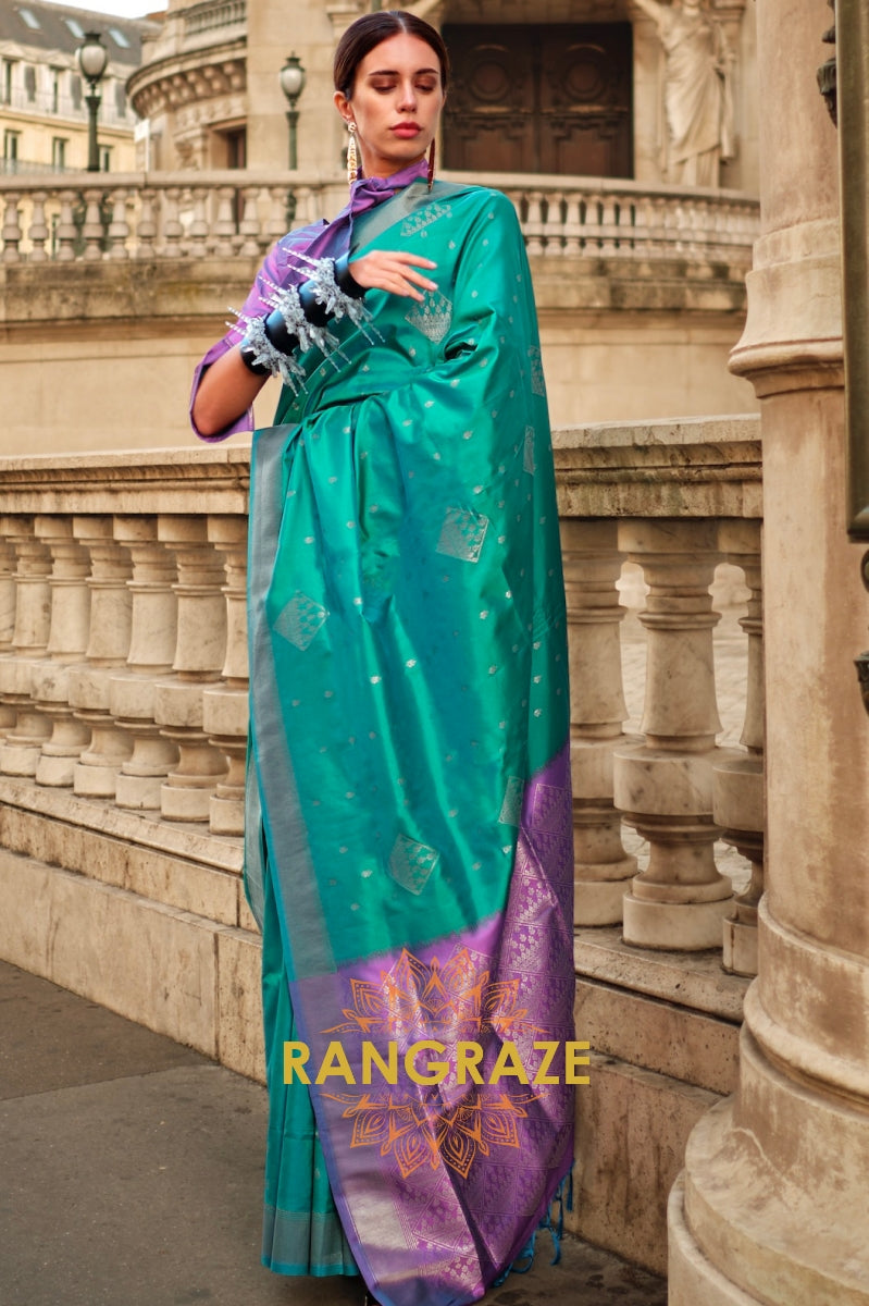 Turquoise Green Woven Banarasi Soft Silk Saree