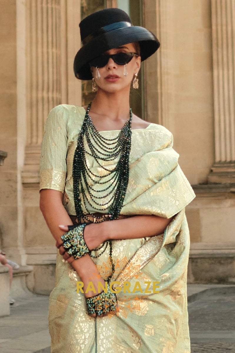 Pastel Green Gota Handloom Weaving Silk Banarasi Saree