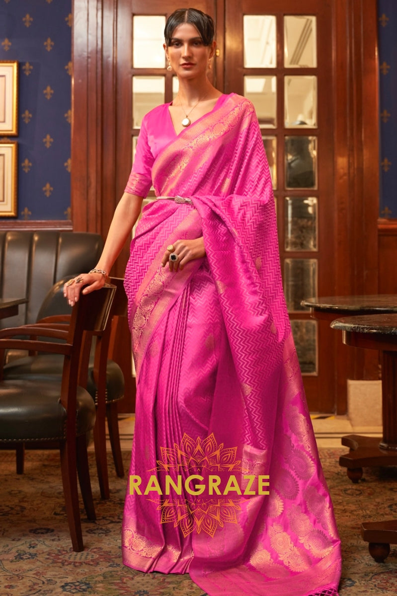 Rani Pink Woven Banarasi Silk Saree