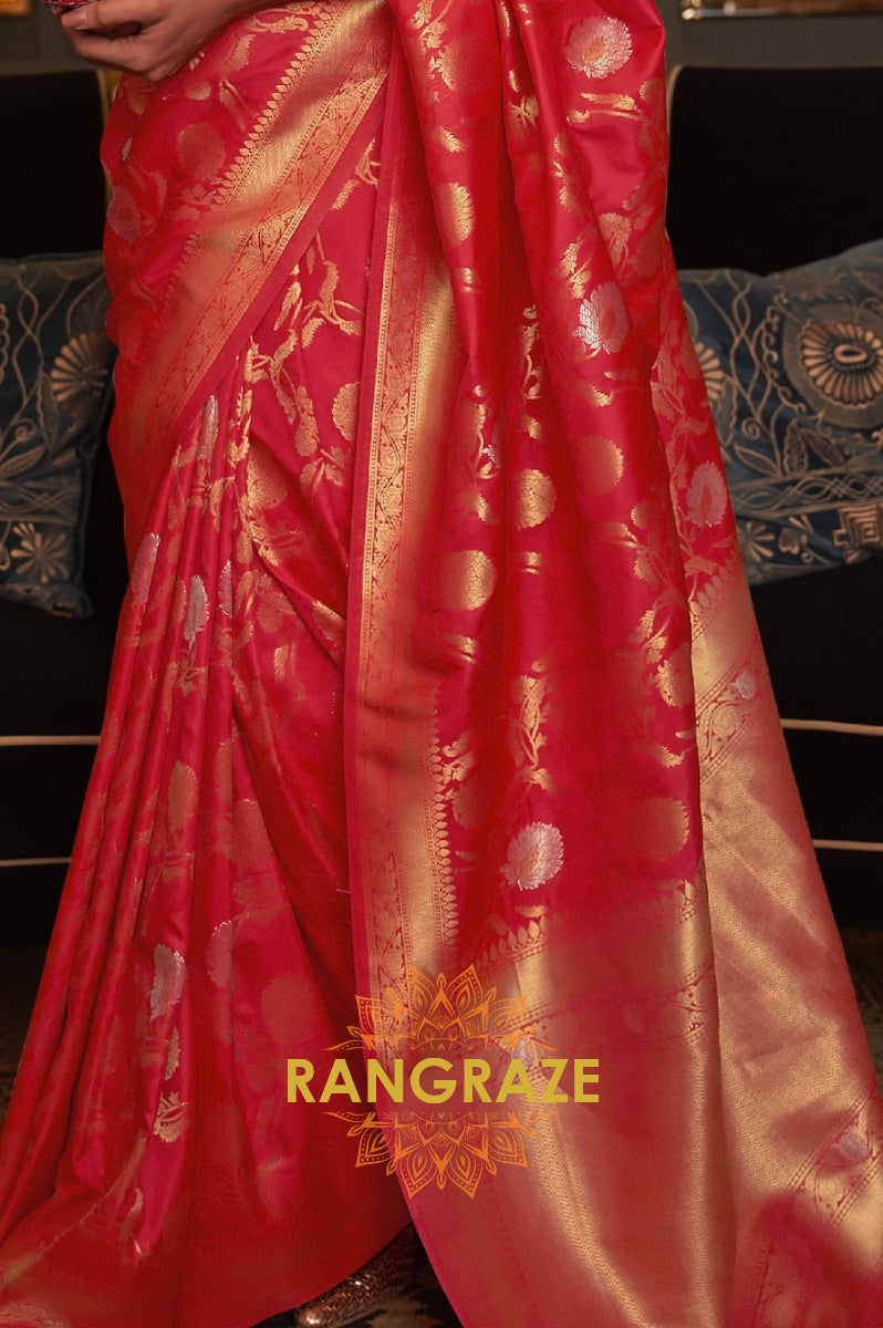 Crimson Red Zari Work Handloom Banarasi Silk Saree