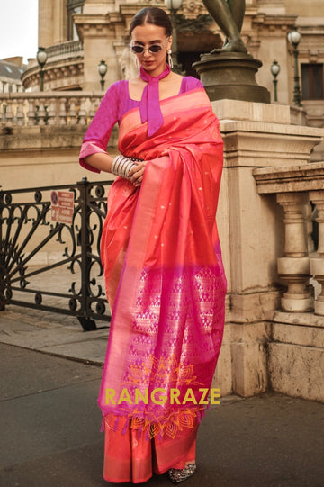 Orange Pink Woven Banarasi Soft Silk Saree