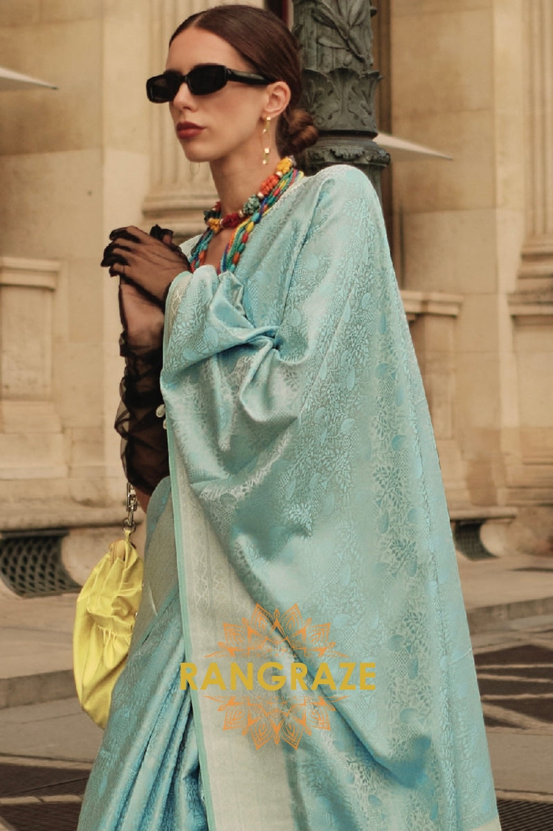 Royal Turquoise Blue Pure Satin Handloom Weaving Silk Banarasi Saree
