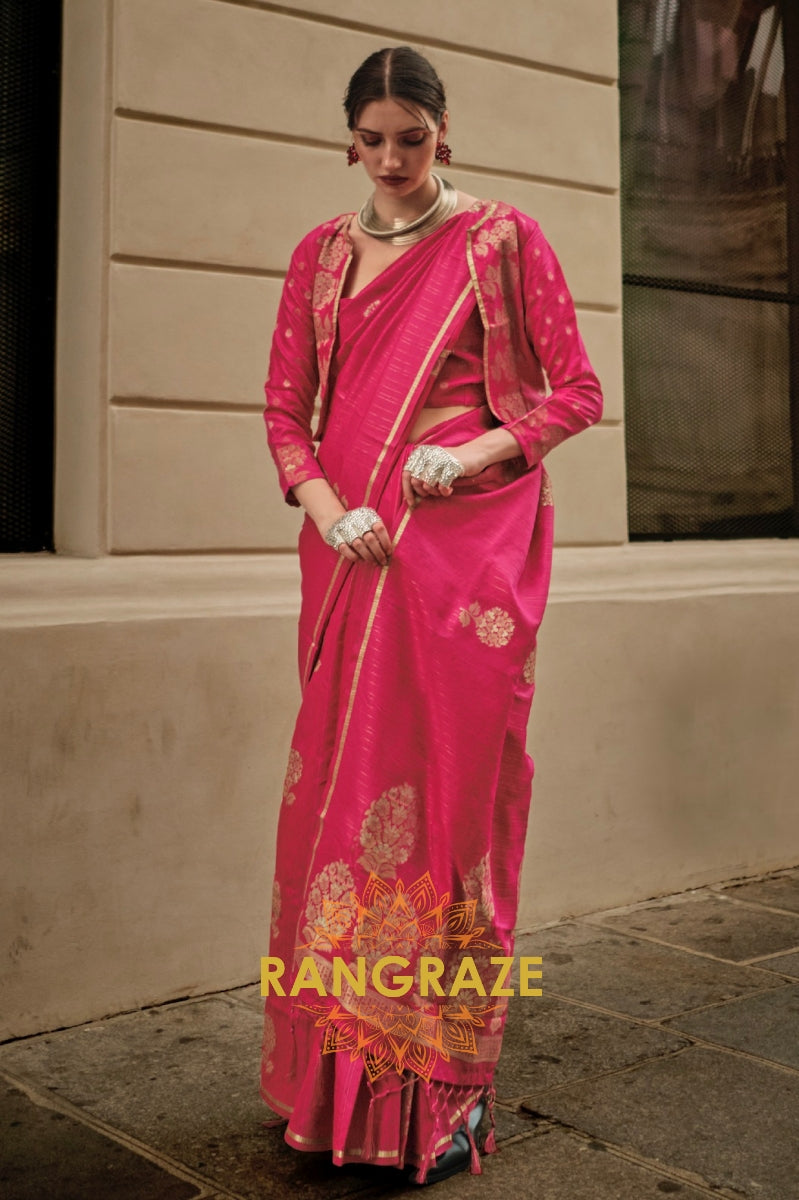 Magenta Red Pure Satin Zari Lining Handloom Weaving Banarasi Saree