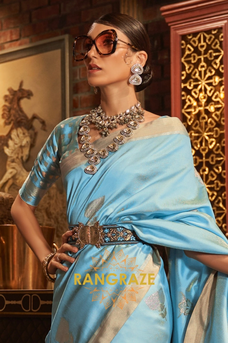 Antique Sky Blue Woven Banarasi Saree With Brocade Blouse