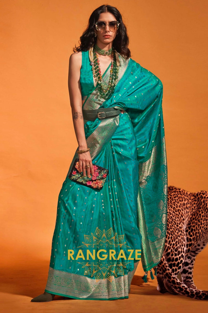 Azure Blue Dual Tone Banarasi Satin Silk Saree