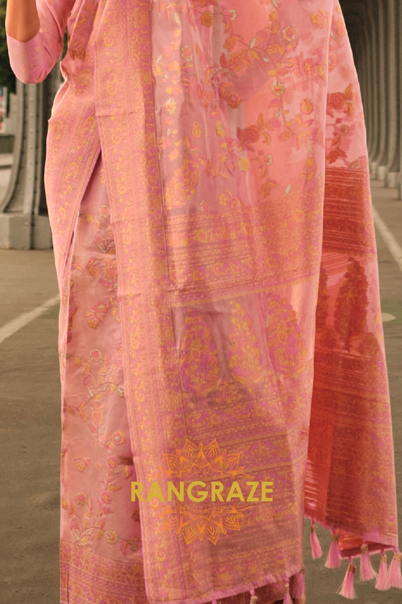 Rajwada Peachy Pink Kashmiri Organza Handloom Weaving