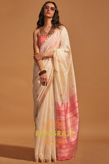 Prism Pearl Beige Woven Banarasi Silk Saree