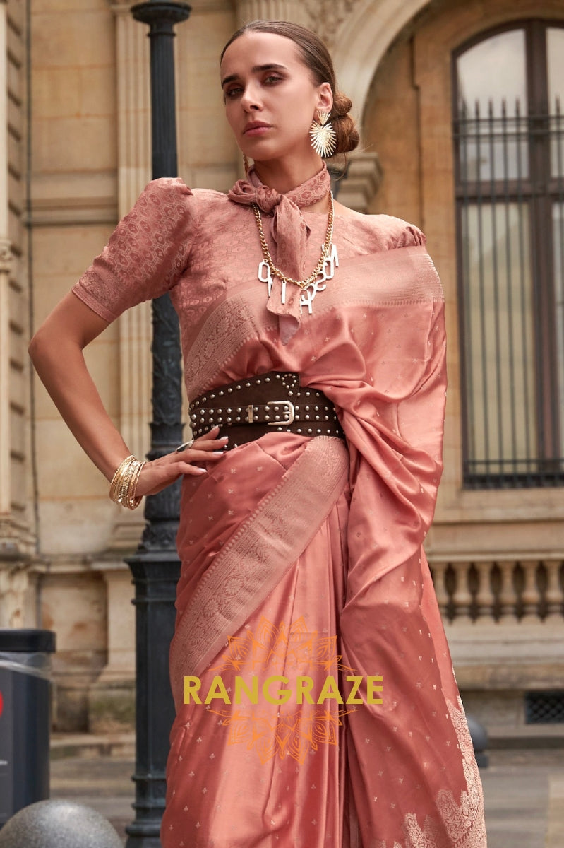Allure Peach Woven Satin Silk Saree With Brocade Blouse
