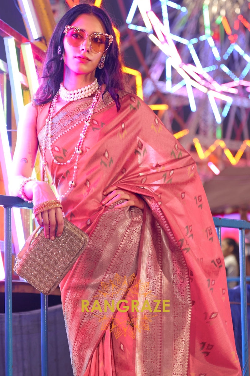 Regal Peach Pink Woven Banarasi Soft Silk Saree