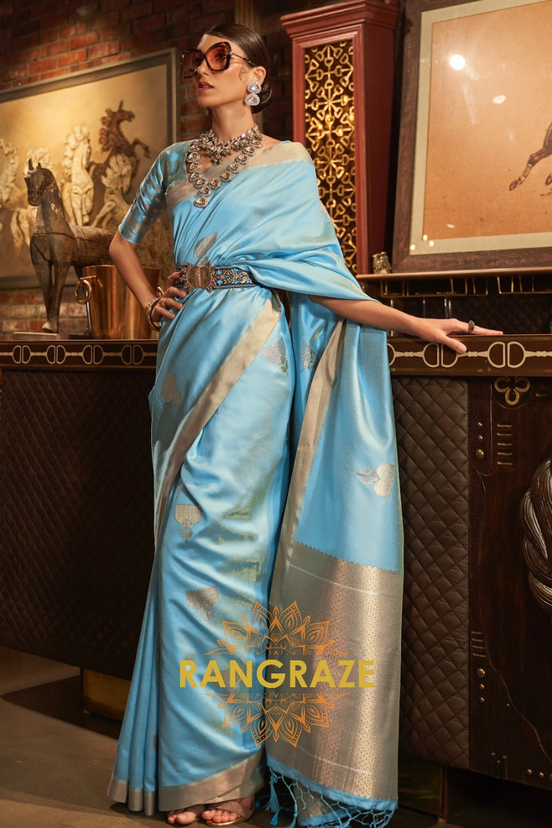 Antique Sky Blue Woven Banarasi Saree With Brocade Blouse