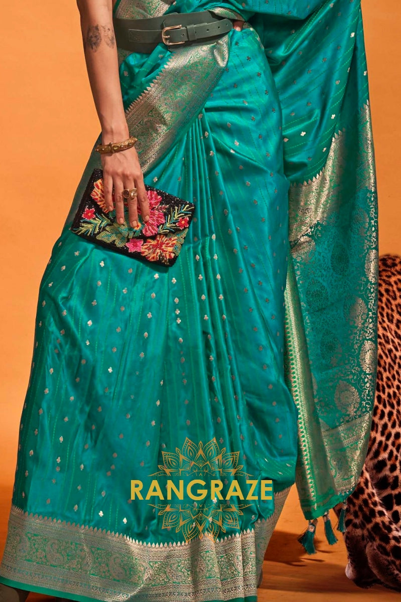 Azure Blue Dual Tone Banarasi Satin Silk Saree