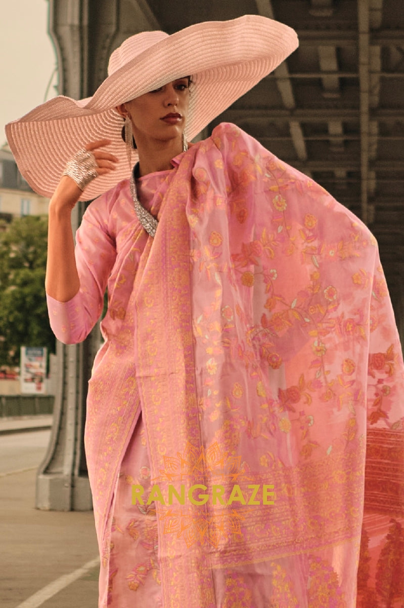 Rajwada Peachy Pink Kashmiri Organza Handloom Weaving