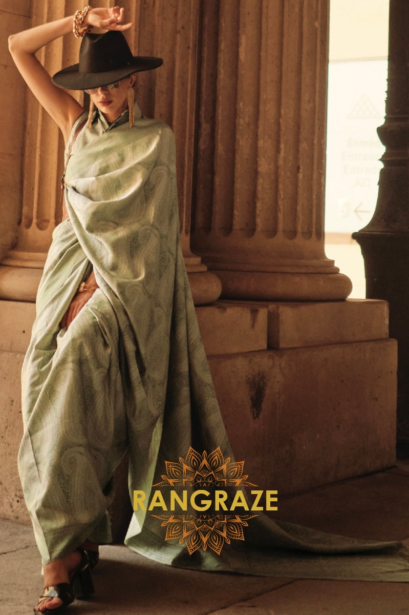 Parrot Green Pure Satin Handloom Weaving Banarasi Silk Saree
