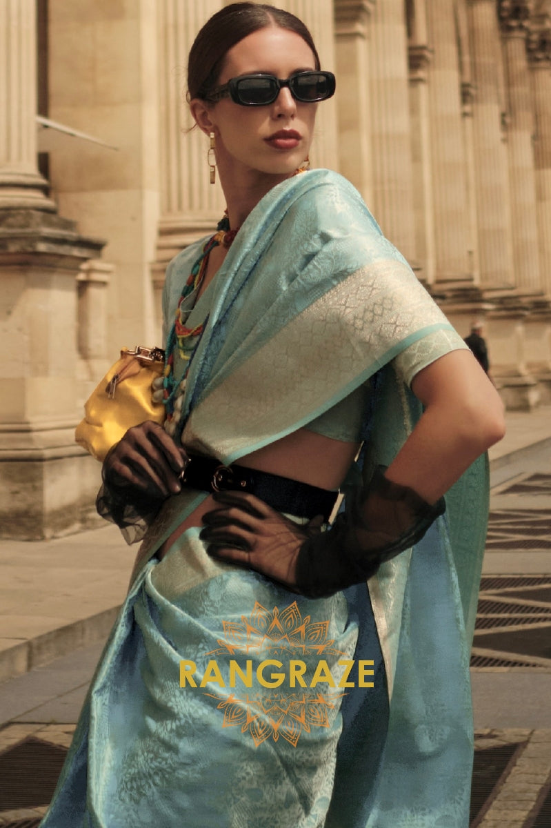 Royal Turquoise Blue Pure Satin Handloom Weaving Silk Banarasi Saree