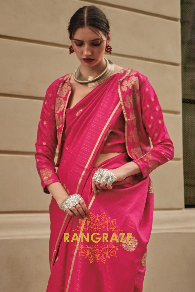 Magenta Red Pure Satin Zari Lining Handloom Weaving Banarasi Saree