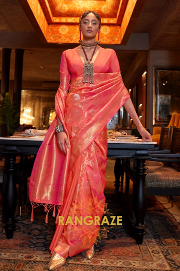 Tangerine Orange Zari Work Handloom Banarasi Silk Saree