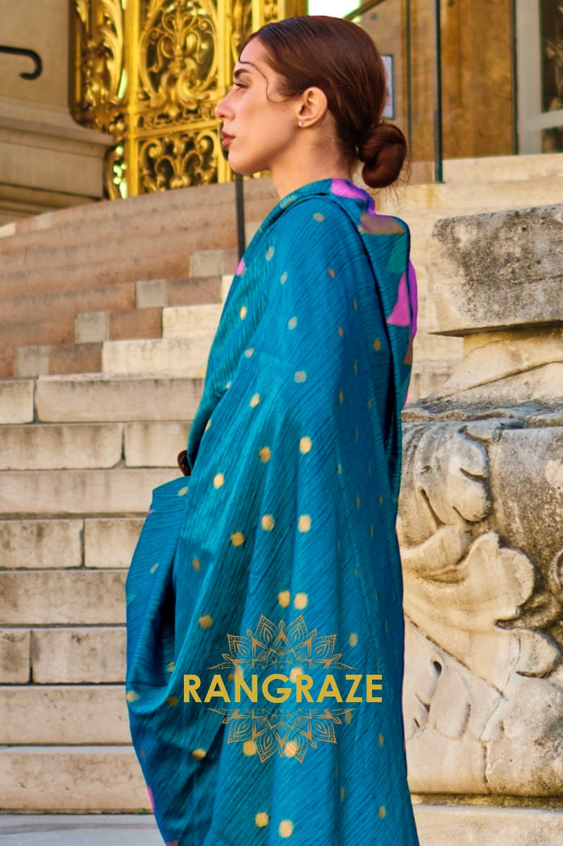 Cerulean Blue Woven Banarasi Khaddi Silk Saree