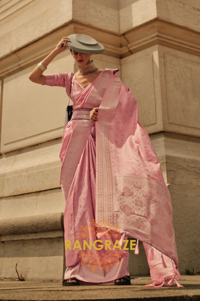 Royal Peach Pink Pure Satin Handloom Weaving Silk Banarasi Saree