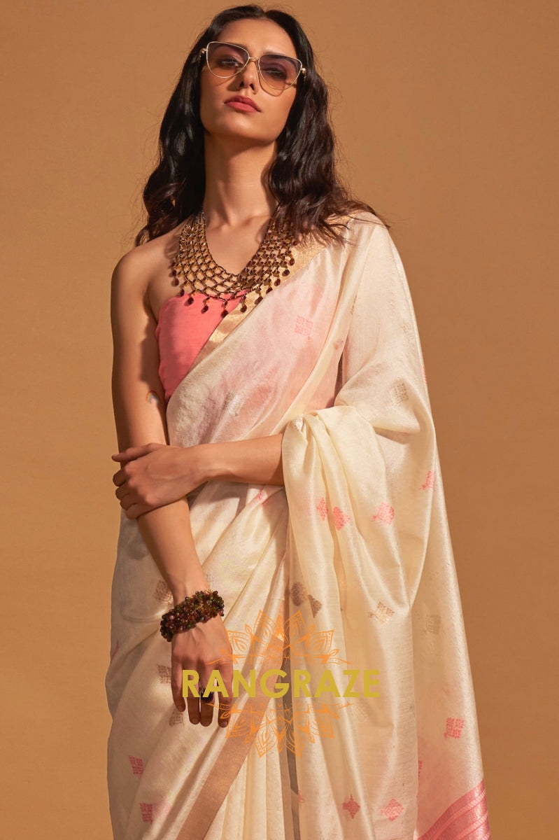 Prism Pearl Beige Woven Banarasi Silk Saree