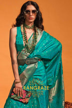 Azure Blue Dual Tone Banarasi Satin Silk Saree