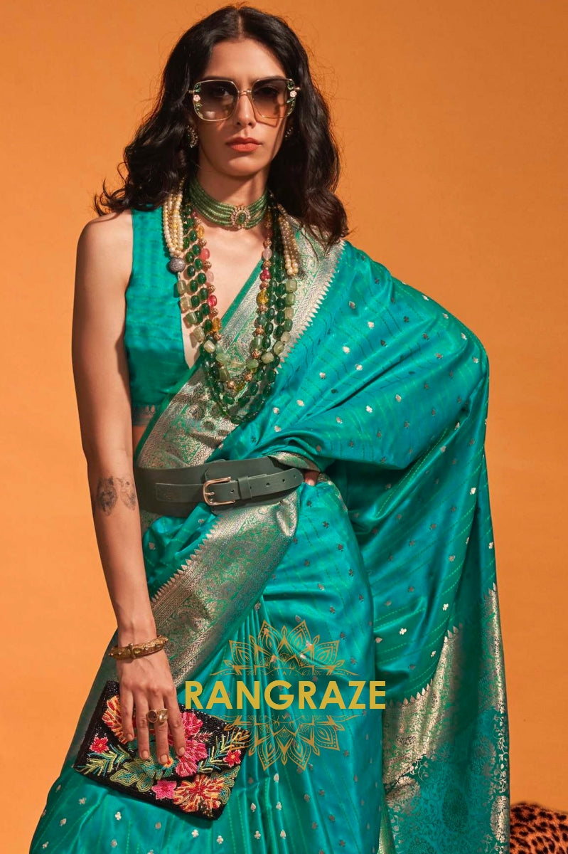 Azure Blue Dual Tone Banarasi Satin Silk Saree