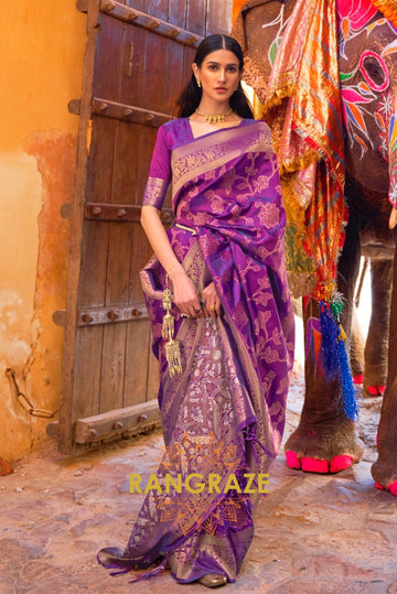 Purple Plum Sequins Handloom Weaving Banarasi Silk Saree