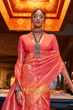 Tangerine Orange Zari Work Handloom Banarasi Silk Saree