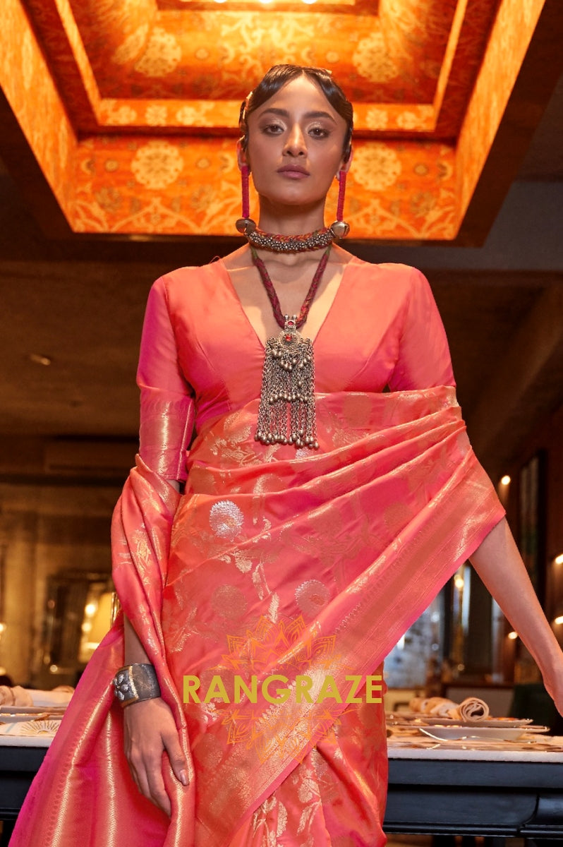 Tangerine Orange Zari Work Handloom Banarasi Silk Saree