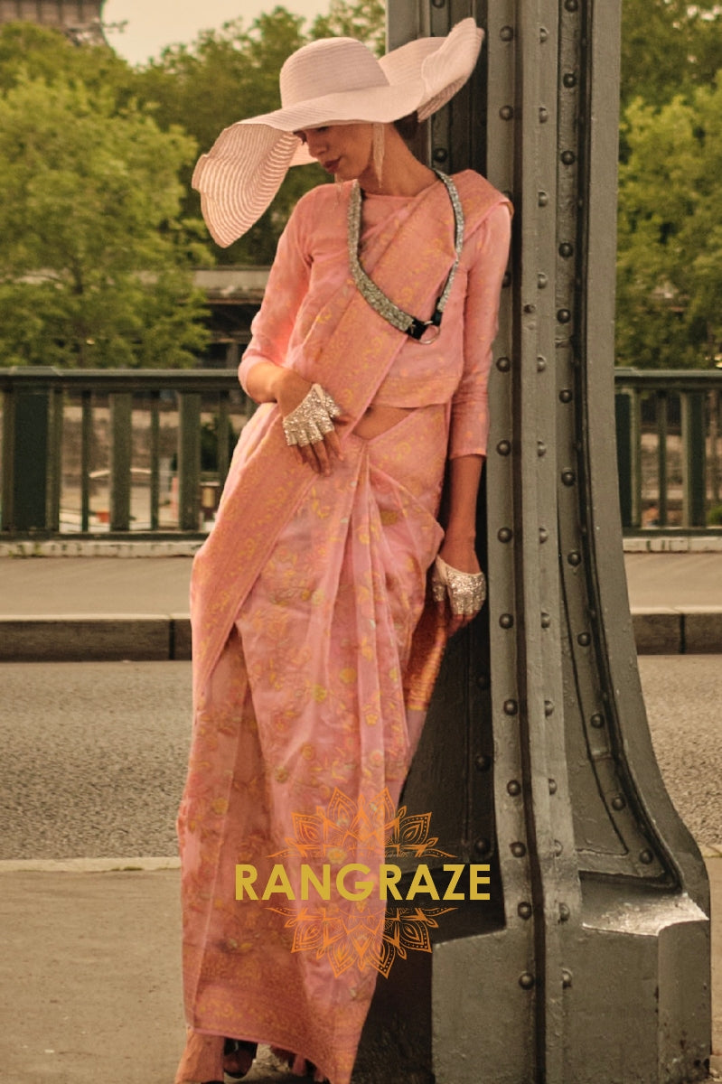 Rajwada Peachy Pink Kashmiri Organza Handloom Weaving