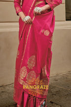 Magenta Red Pure Satin Zari Lining Handloom Weaving Banarasi Saree