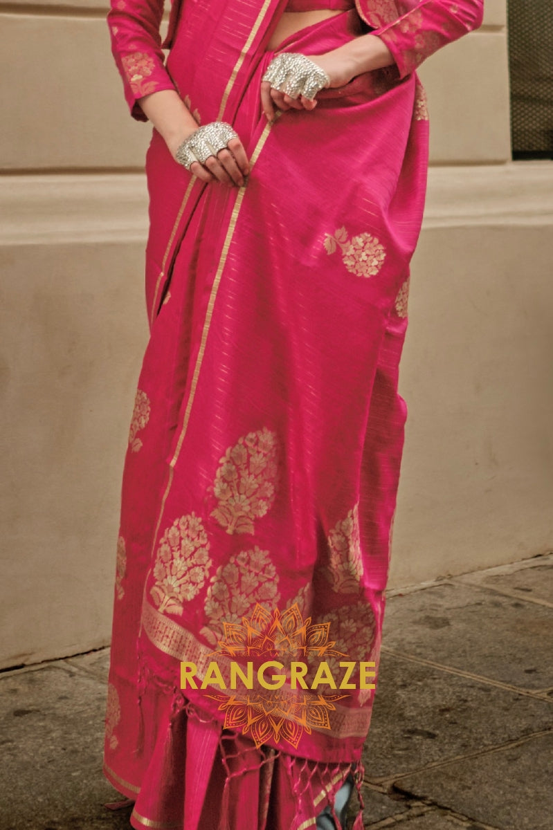 Magenta Red Pure Satin Zari Lining Handloom Weaving Banarasi Saree
