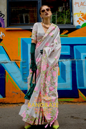 Floral Grey Parsi Weaved Cotton Silk Saree